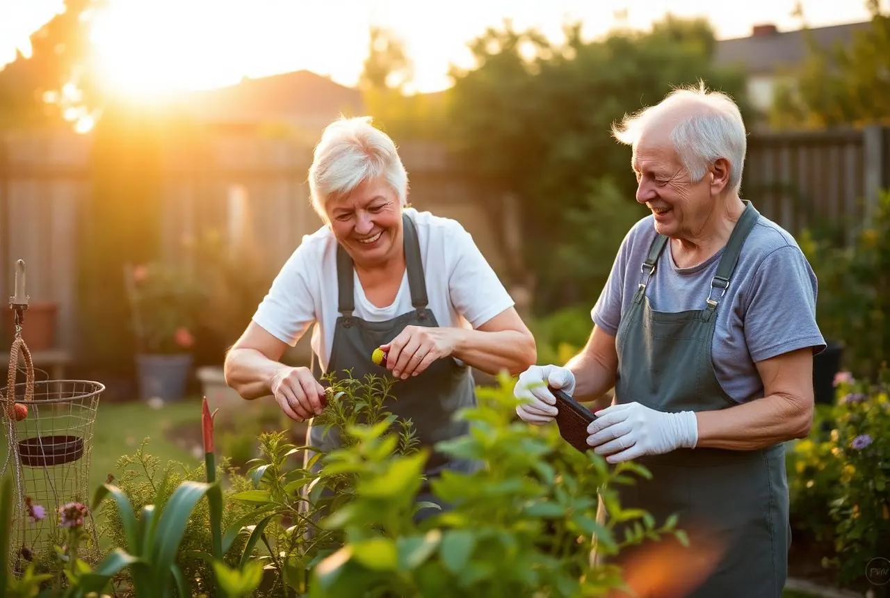 Couple in their sixties gardening together at sunset
