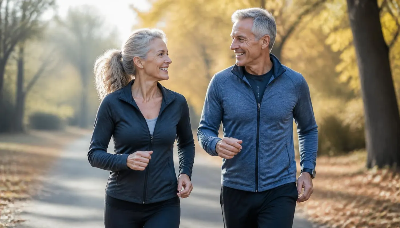 Active couple in their fifties walking on a park path in the morning